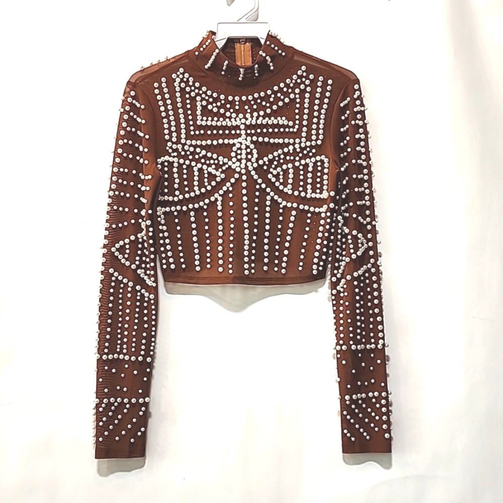 Mesh mock neck pearl blouse